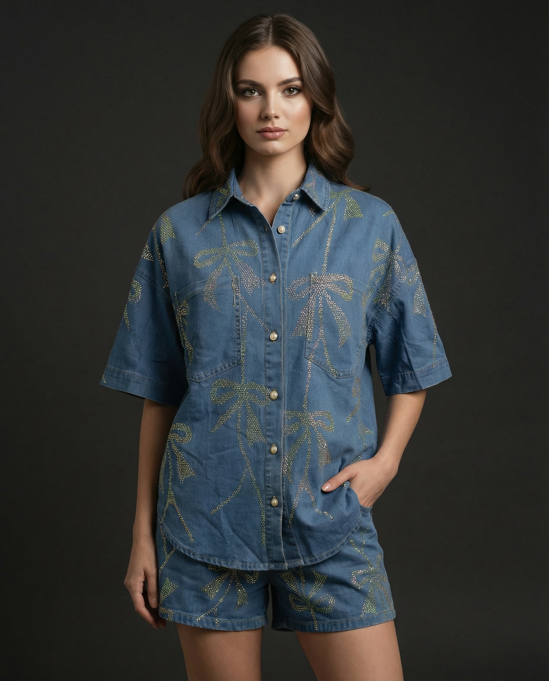 Bow-Embellished Denim Shirt & Shorts Set