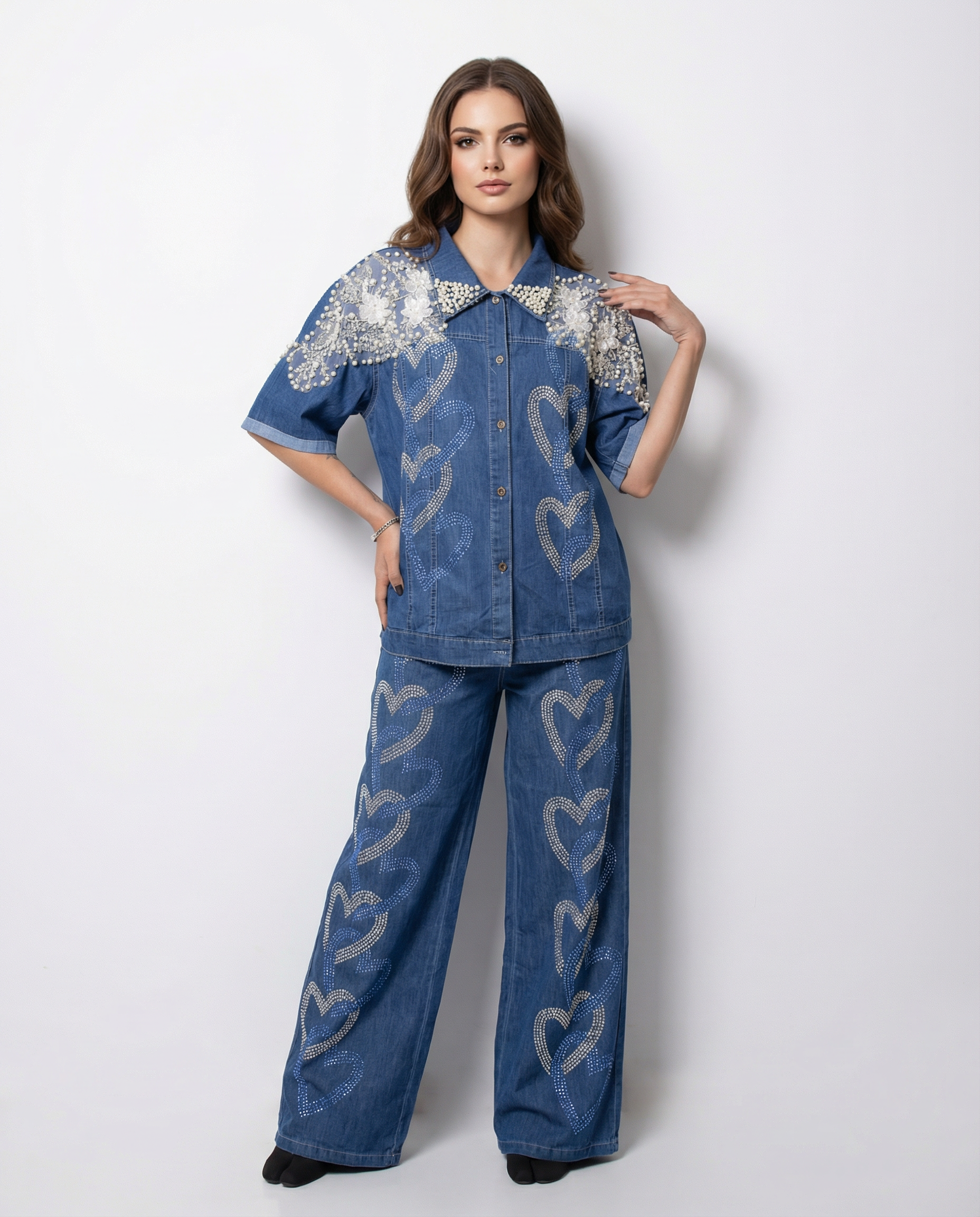 Heart-Embellished Denim cord set