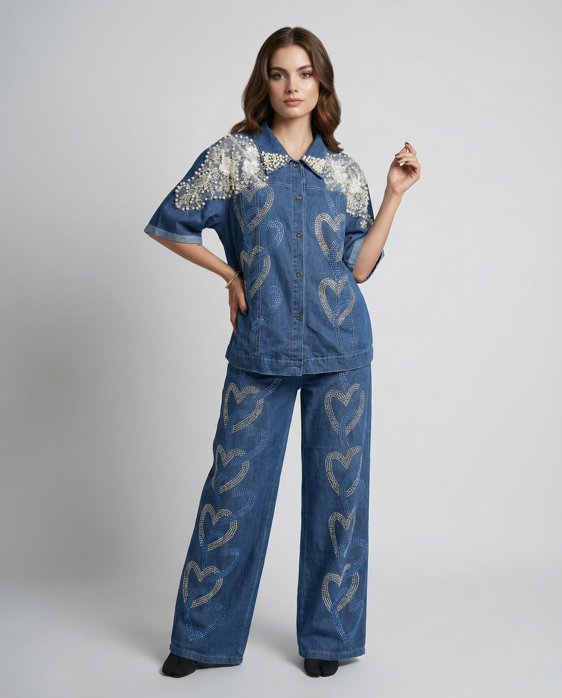 Heart-Embellished Denim cord set