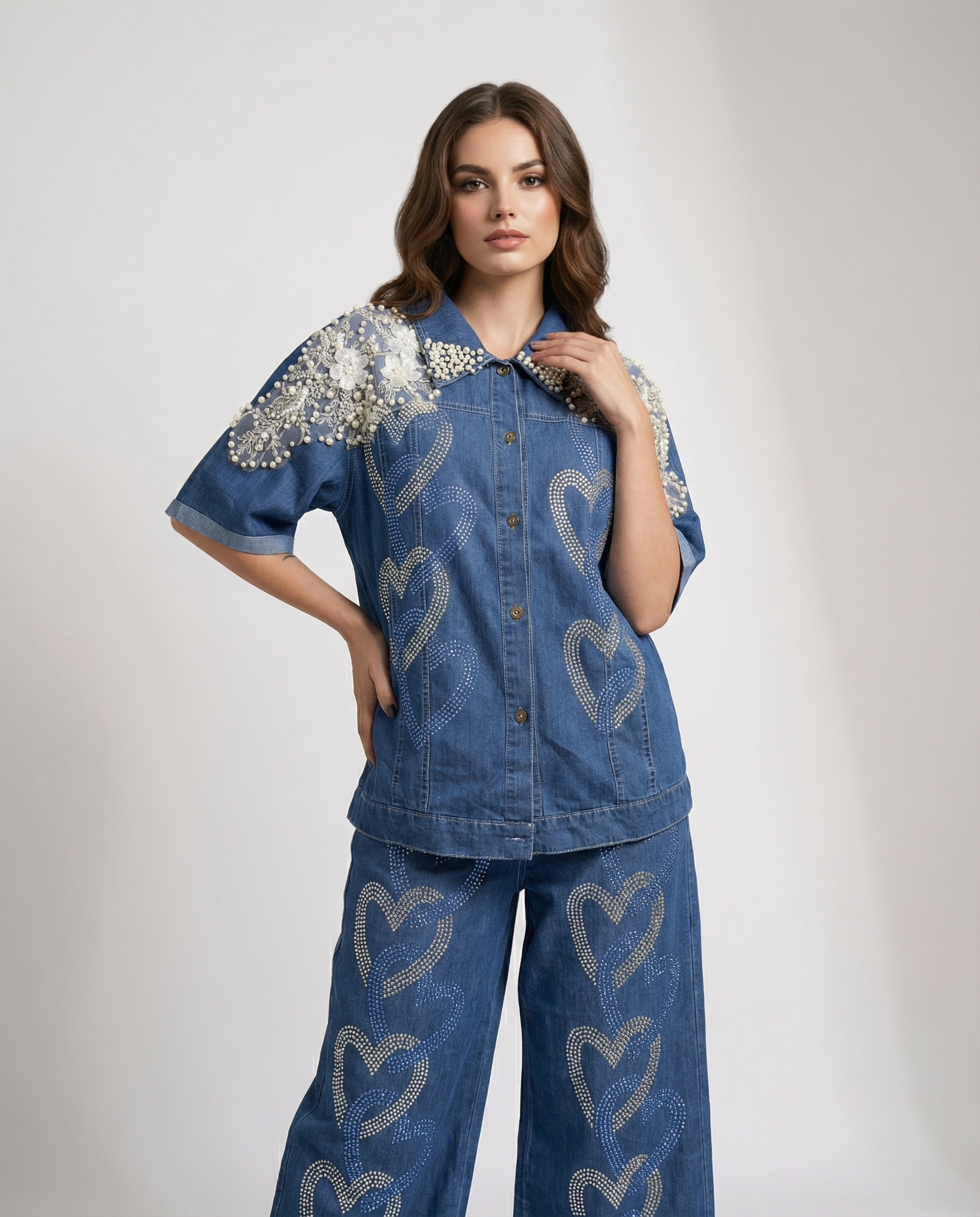 Heart-Embellished Denim cord set