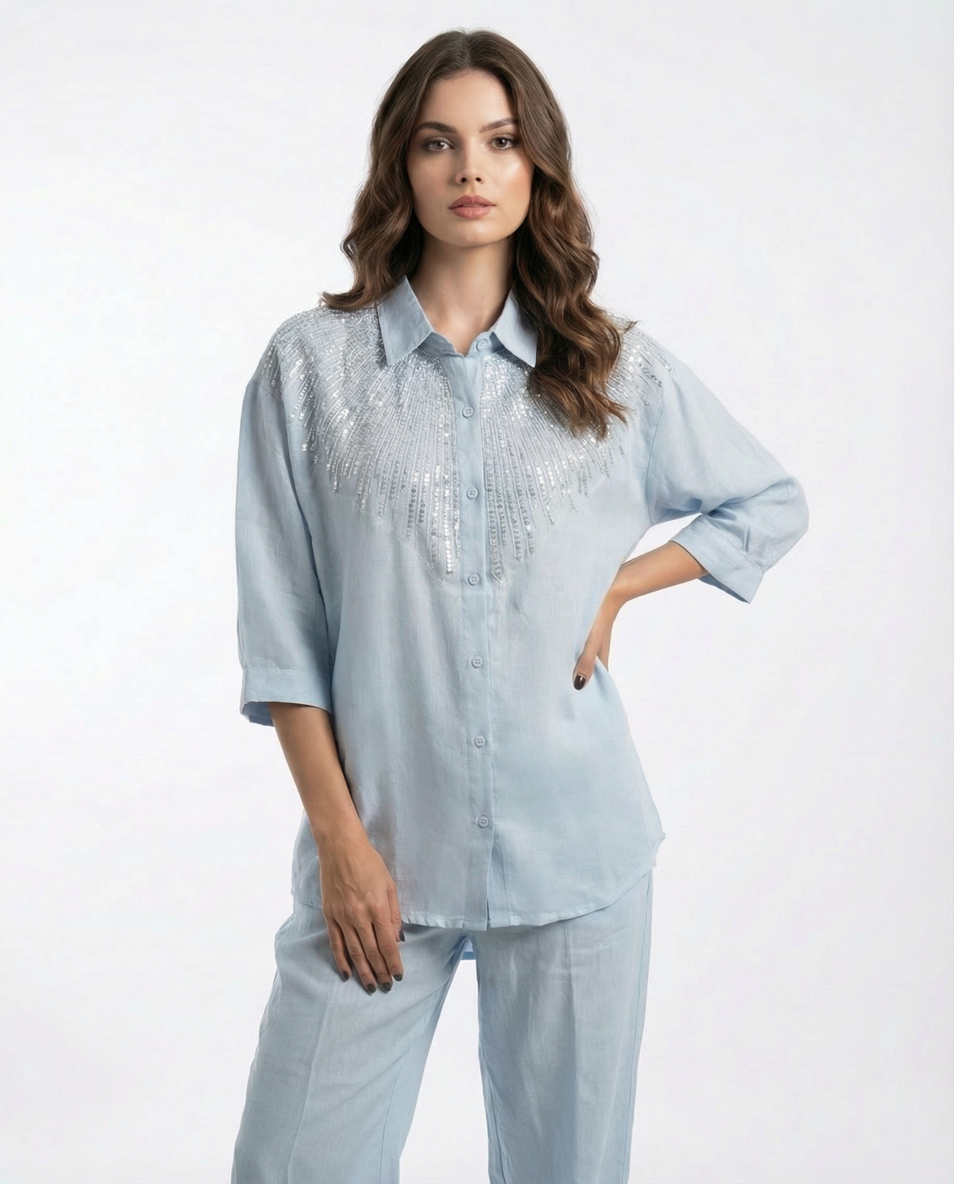 Linen Co-ord Set with Sequin Fringe Detail