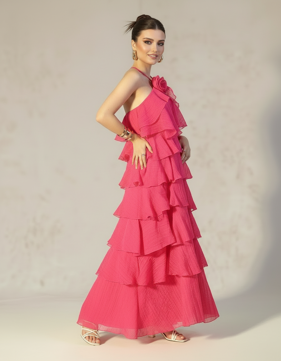 Fuchsia Rosewater Ruffle Maxi Dress