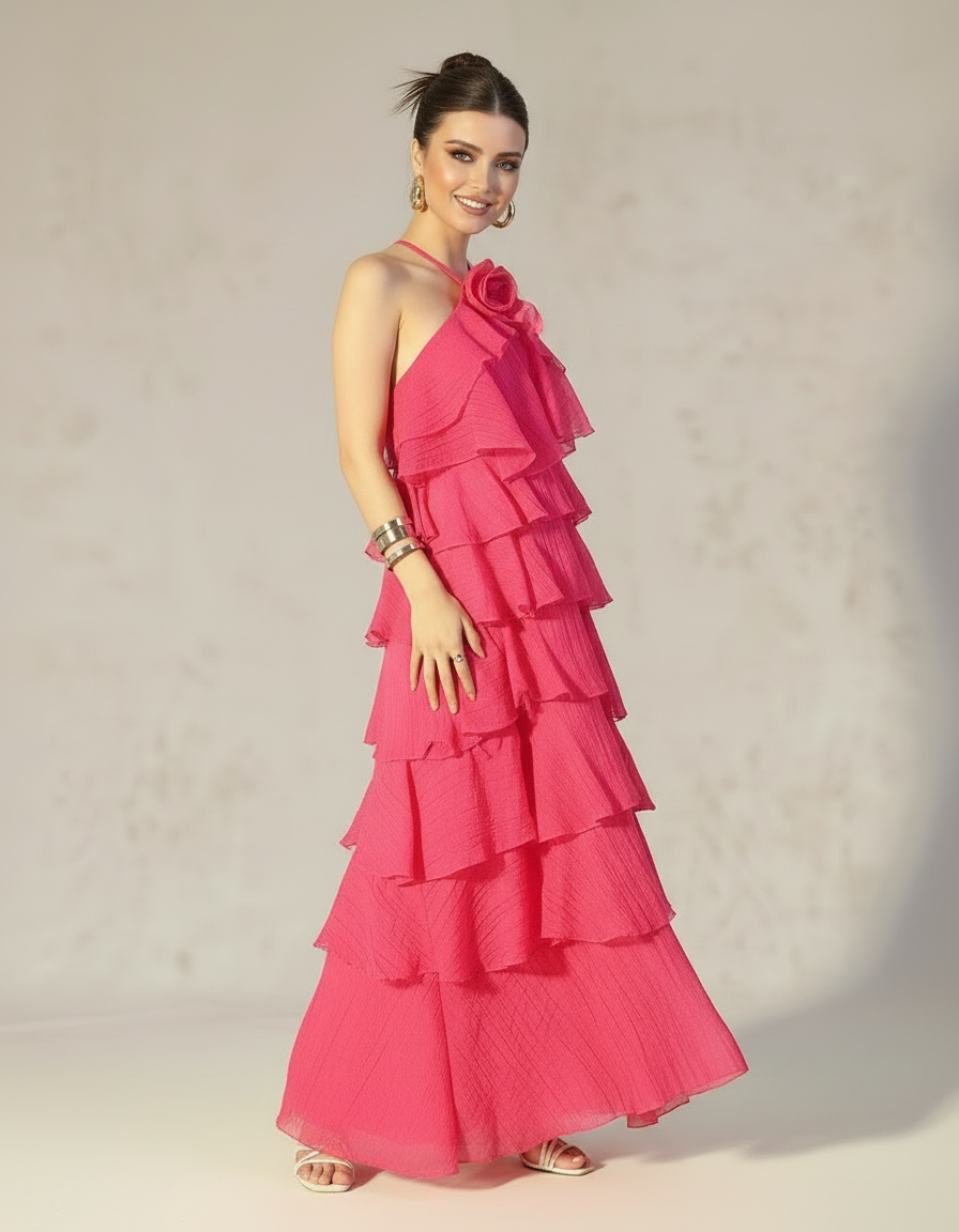 Fuchsia Rosewater Ruffle Maxi Dress