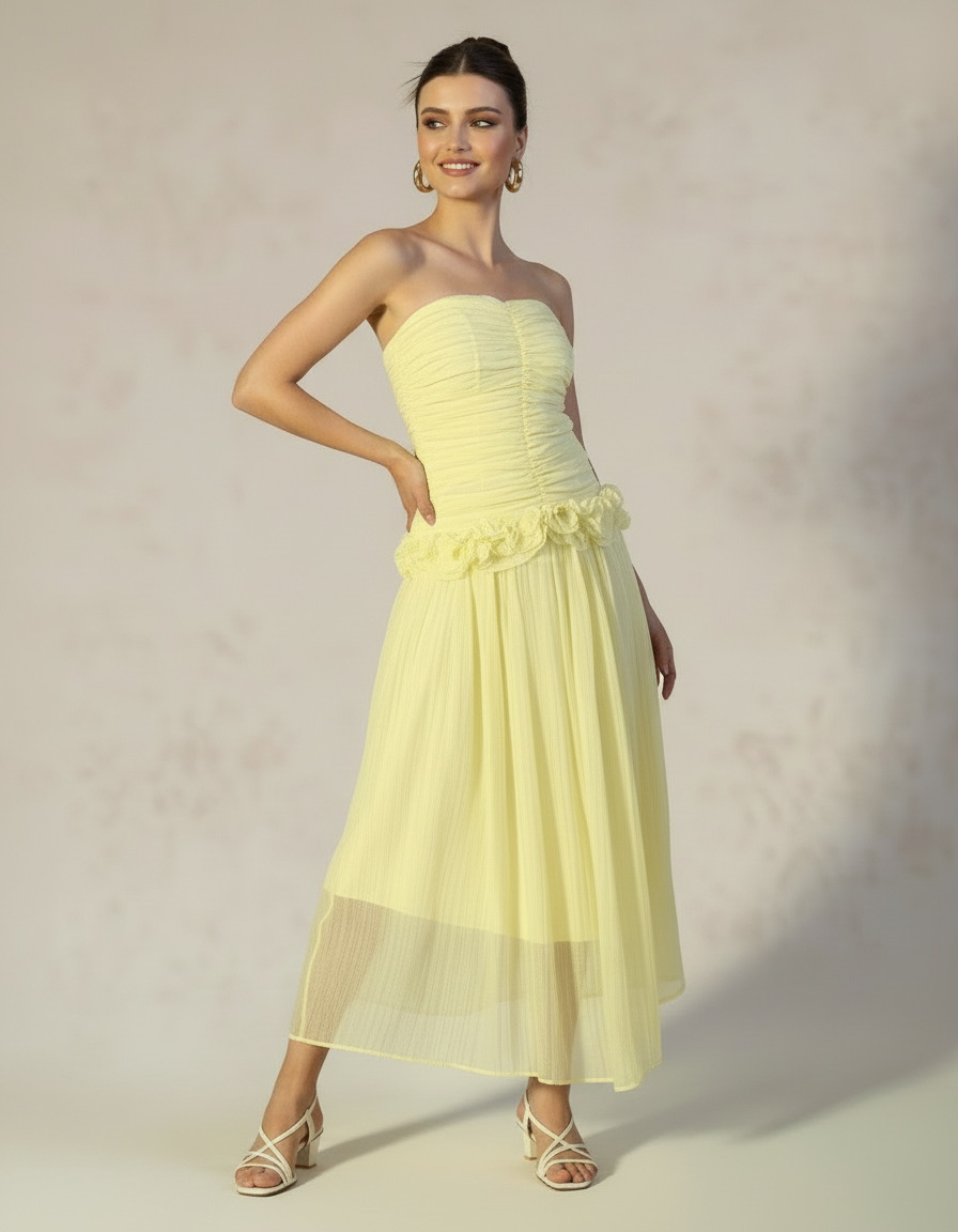 Sunburst Chiffon Ruffle Midi Dress