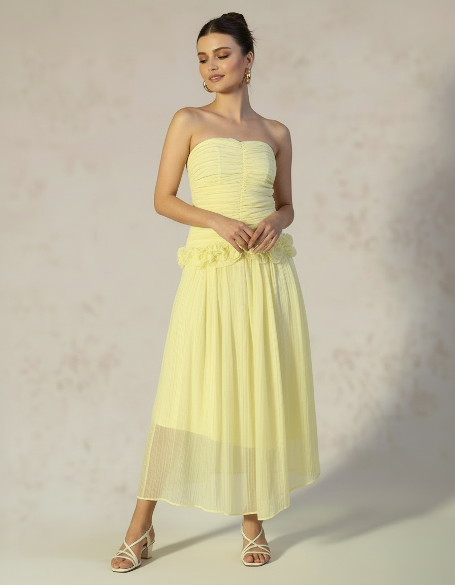 Sunburst Chiffon Ruffle Midi Dress