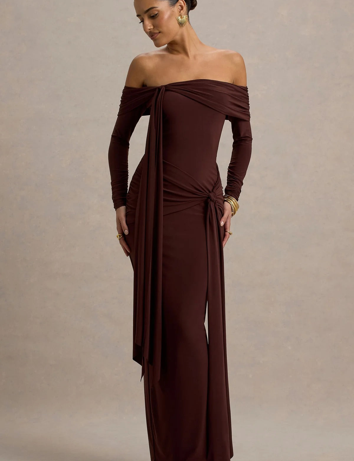 Brown Bardot Wrap Maxi Dress