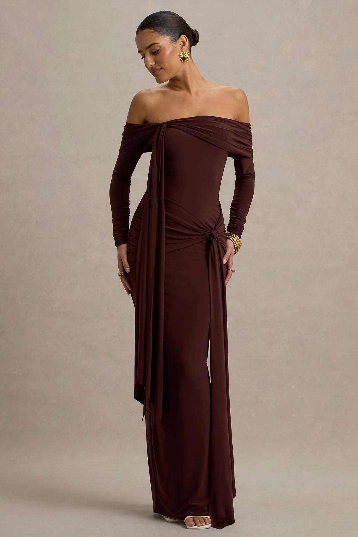 Brown Bardot Wrap Maxi Dress