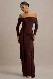 Brown Bardot Wrap Maxi Dress