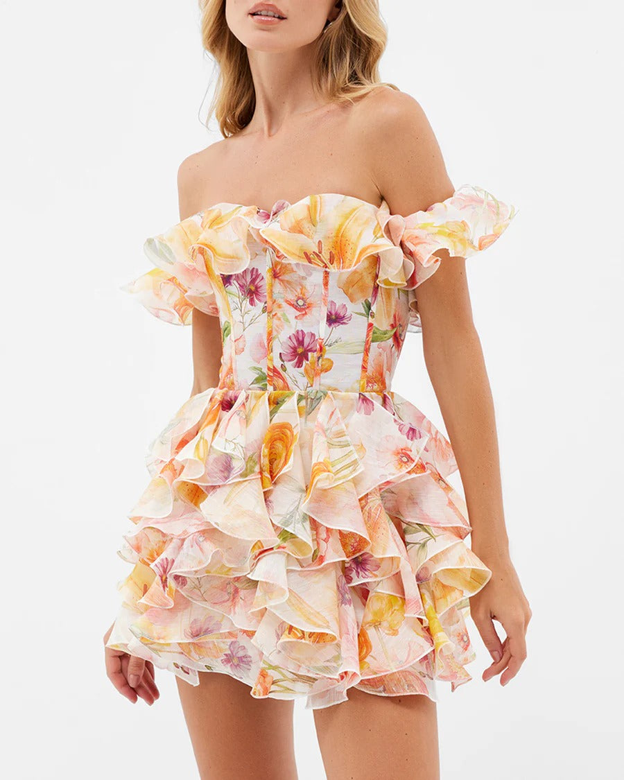 Peach Blossom Ruffle Corset Mini Dress