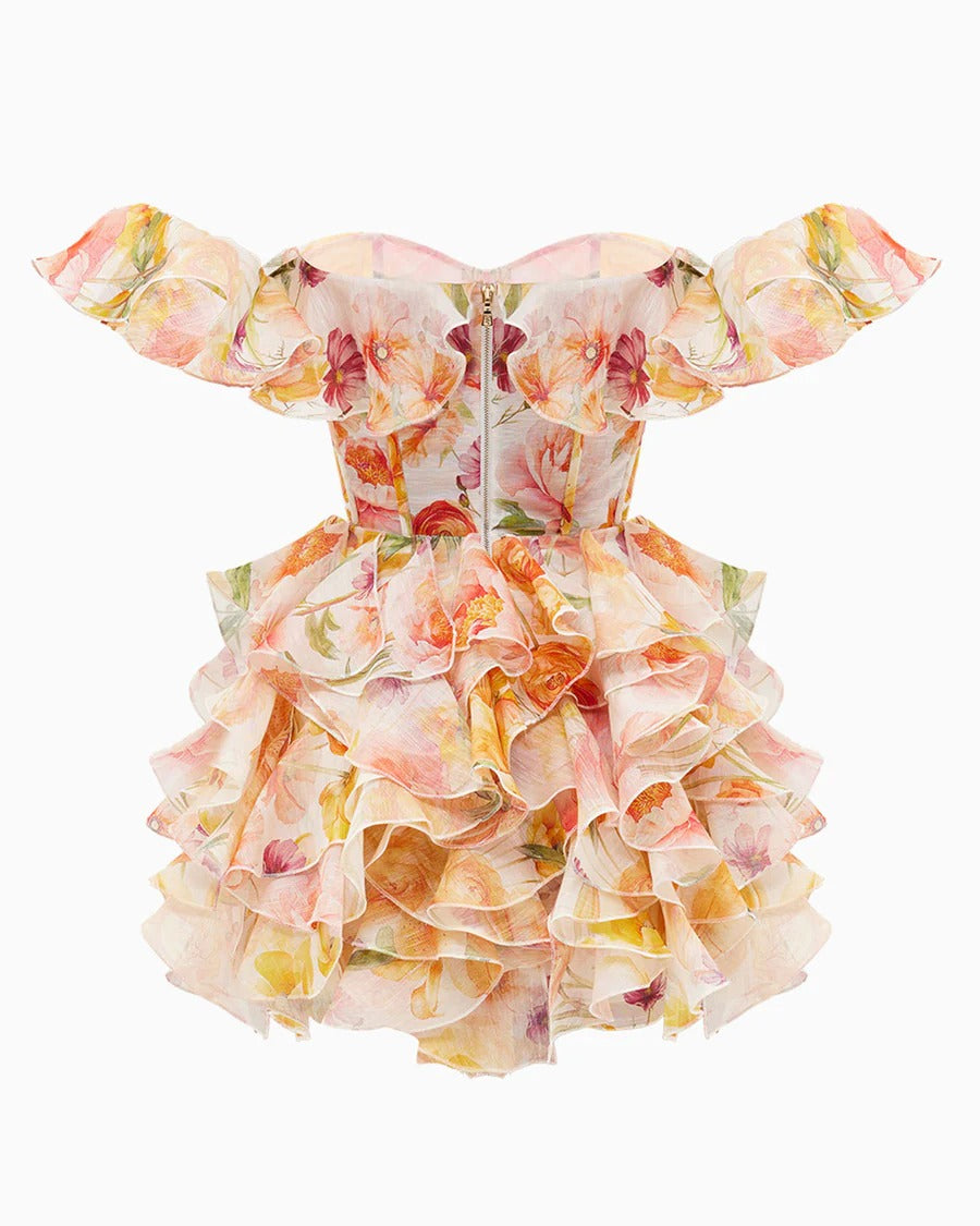 Peach Blossom Ruffle Corset Mini Dress