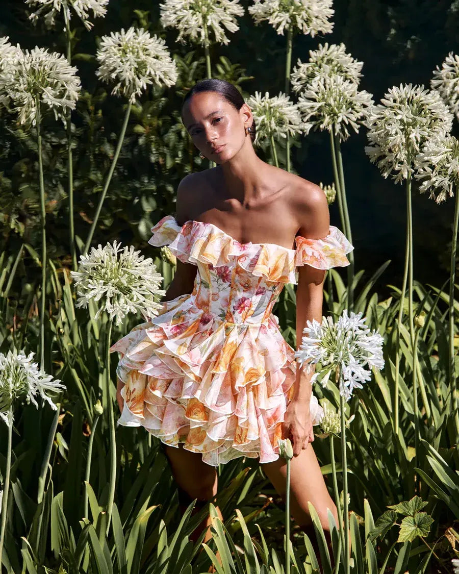 Peach Blossom Ruffle Corset Mini Dress