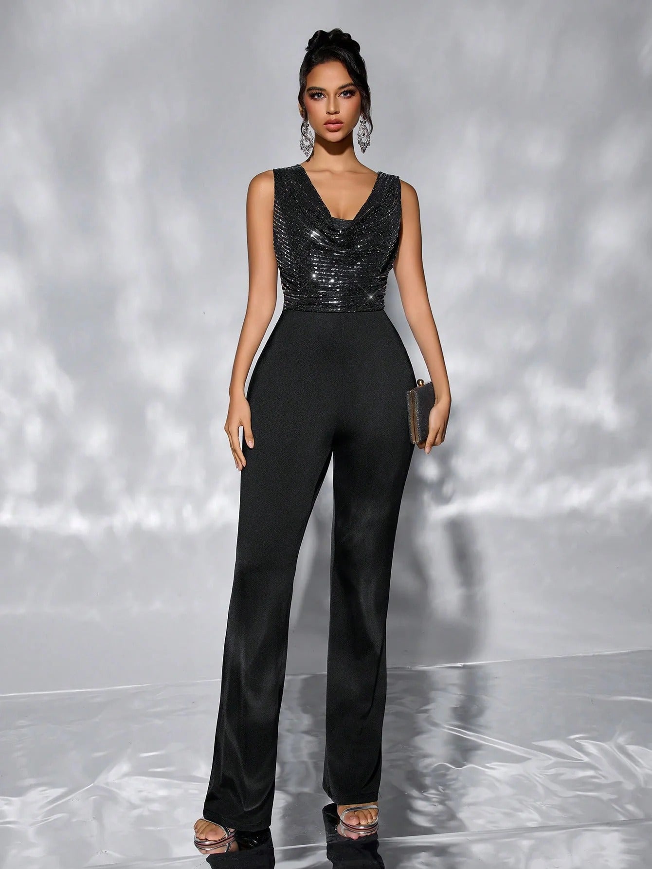 Black Sequin Cowl-Neck Wide-Leg Jumpsuit