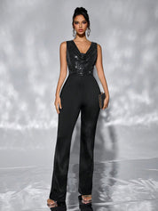 Black Sequin Cowl-Neck Wide-Leg Jumpsuit