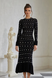 Long Sleeve Studded Crochet Knit Midi dress