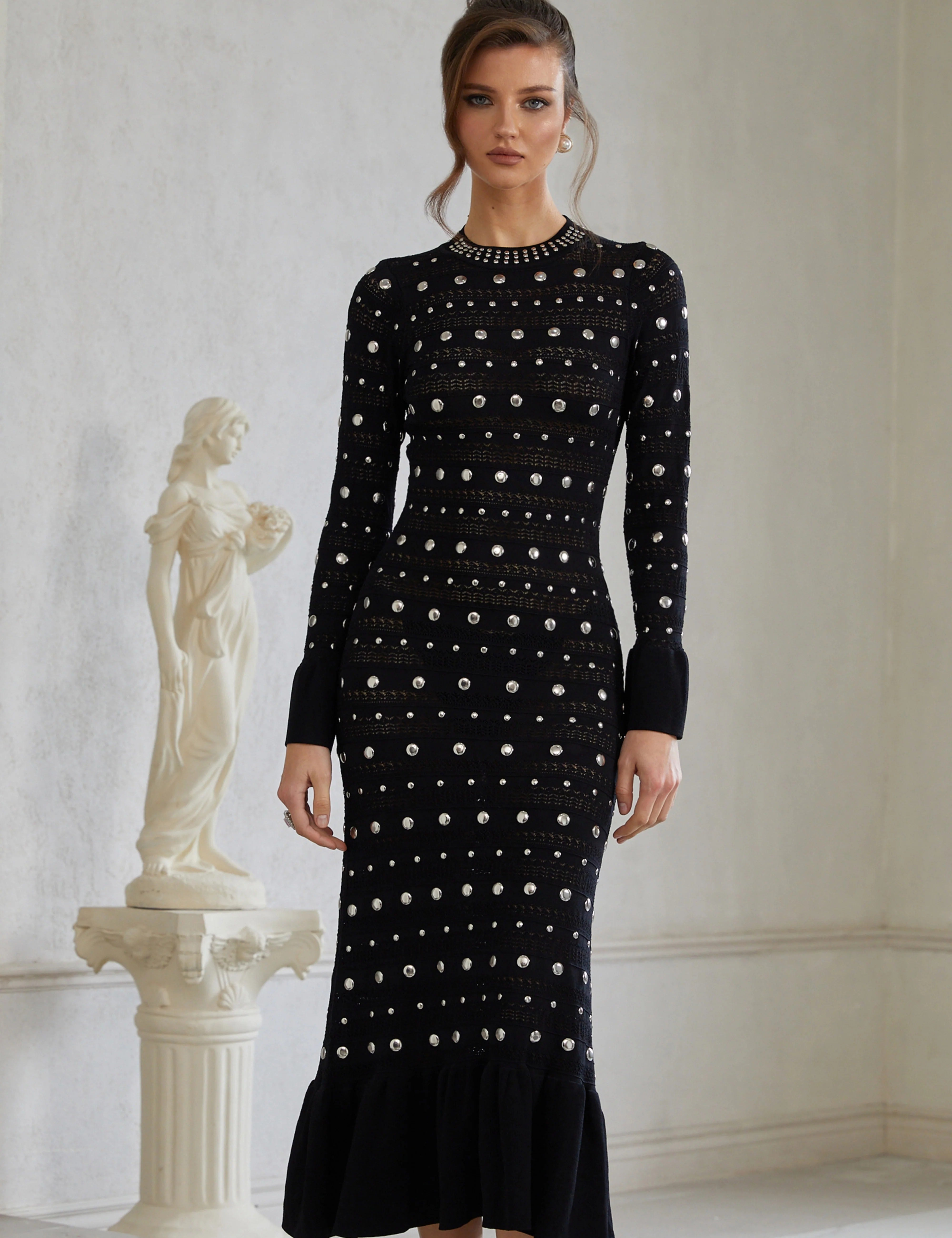 Long Sleeve Studded Crochet Knit Midi dress