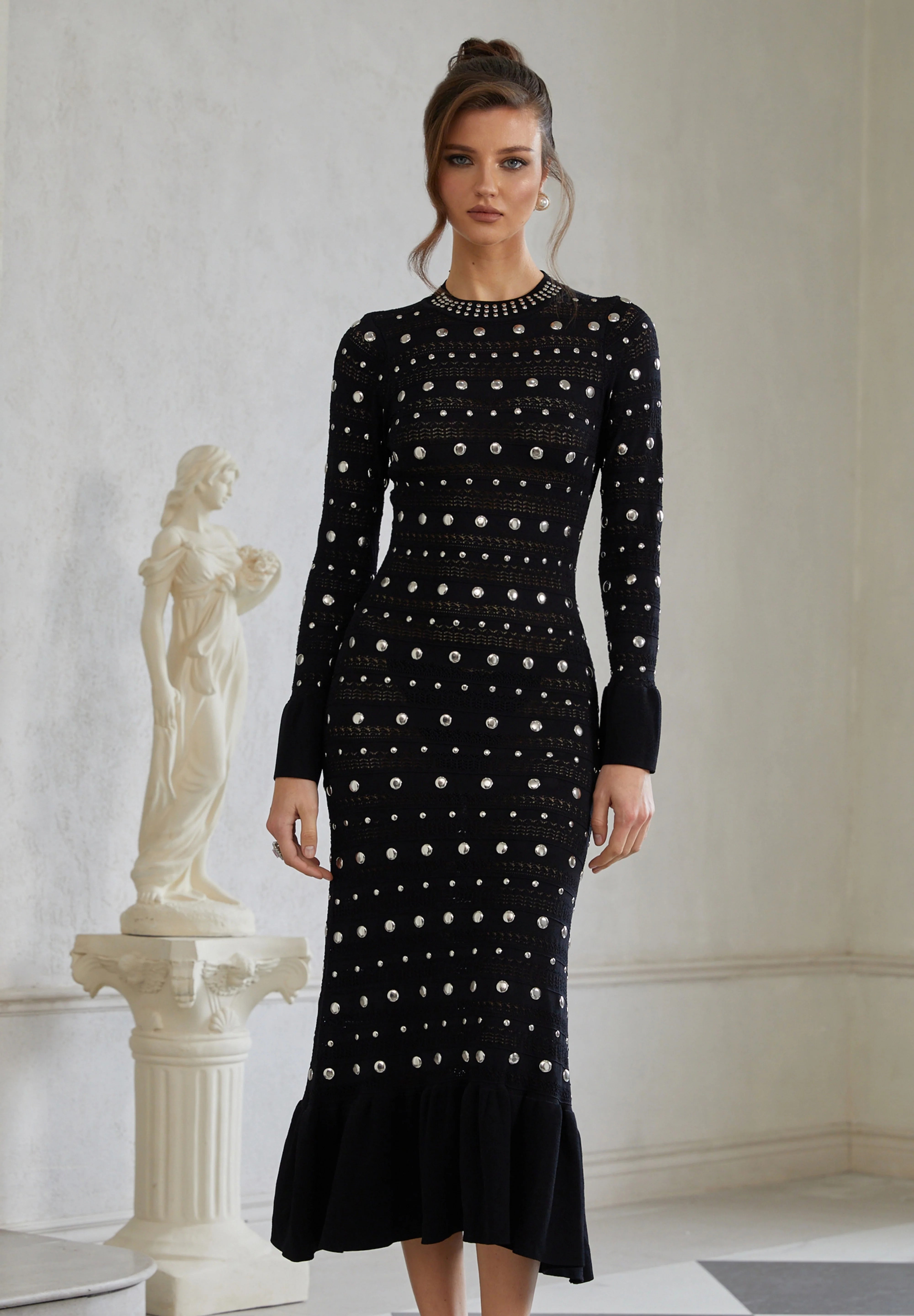 Long Sleeve Studded Crochet Knit Midi dress