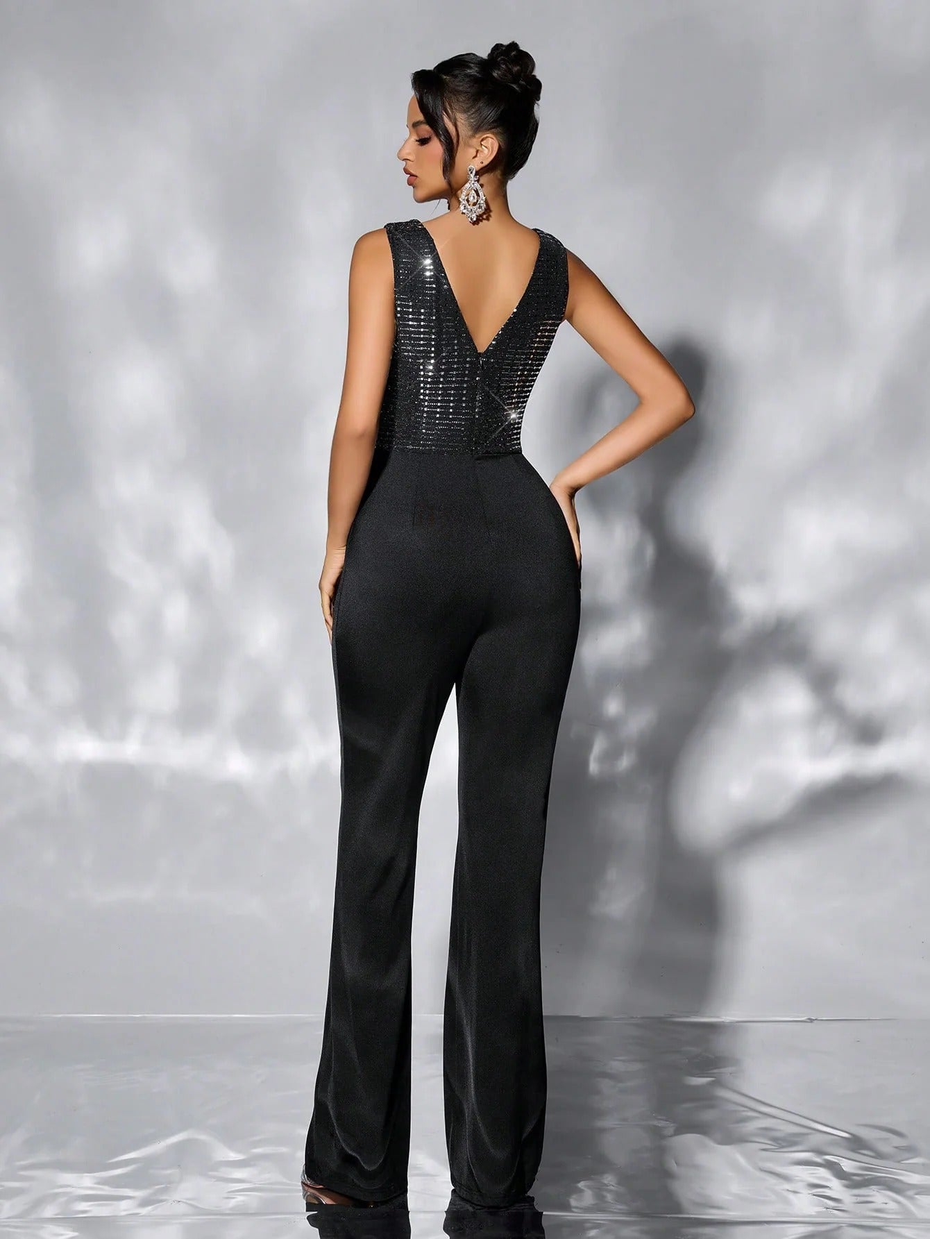 Black Sequin Cowl-Neck Wide-Leg Jumpsuit