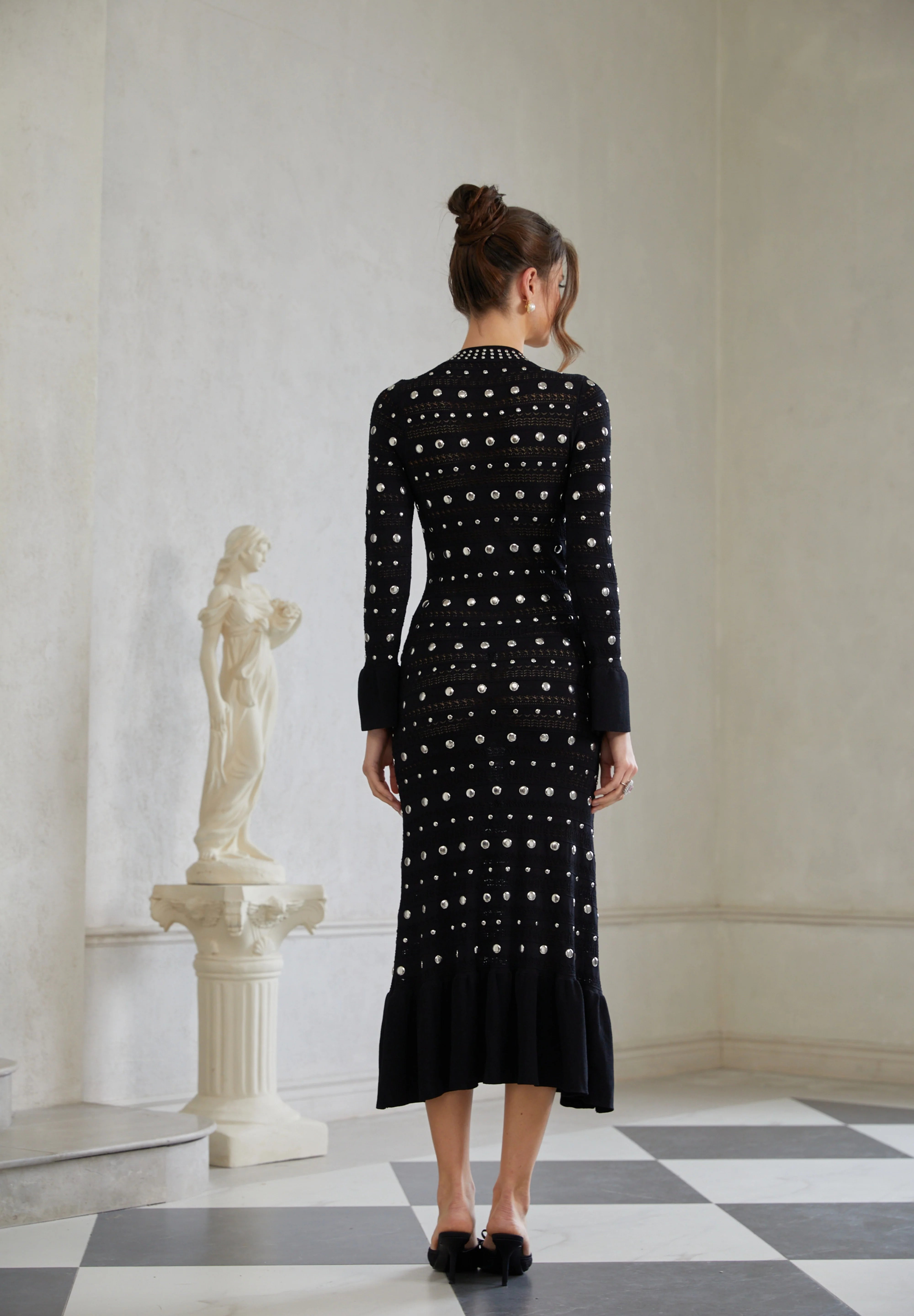 Long Sleeve Studded Crochet Knit Midi dress