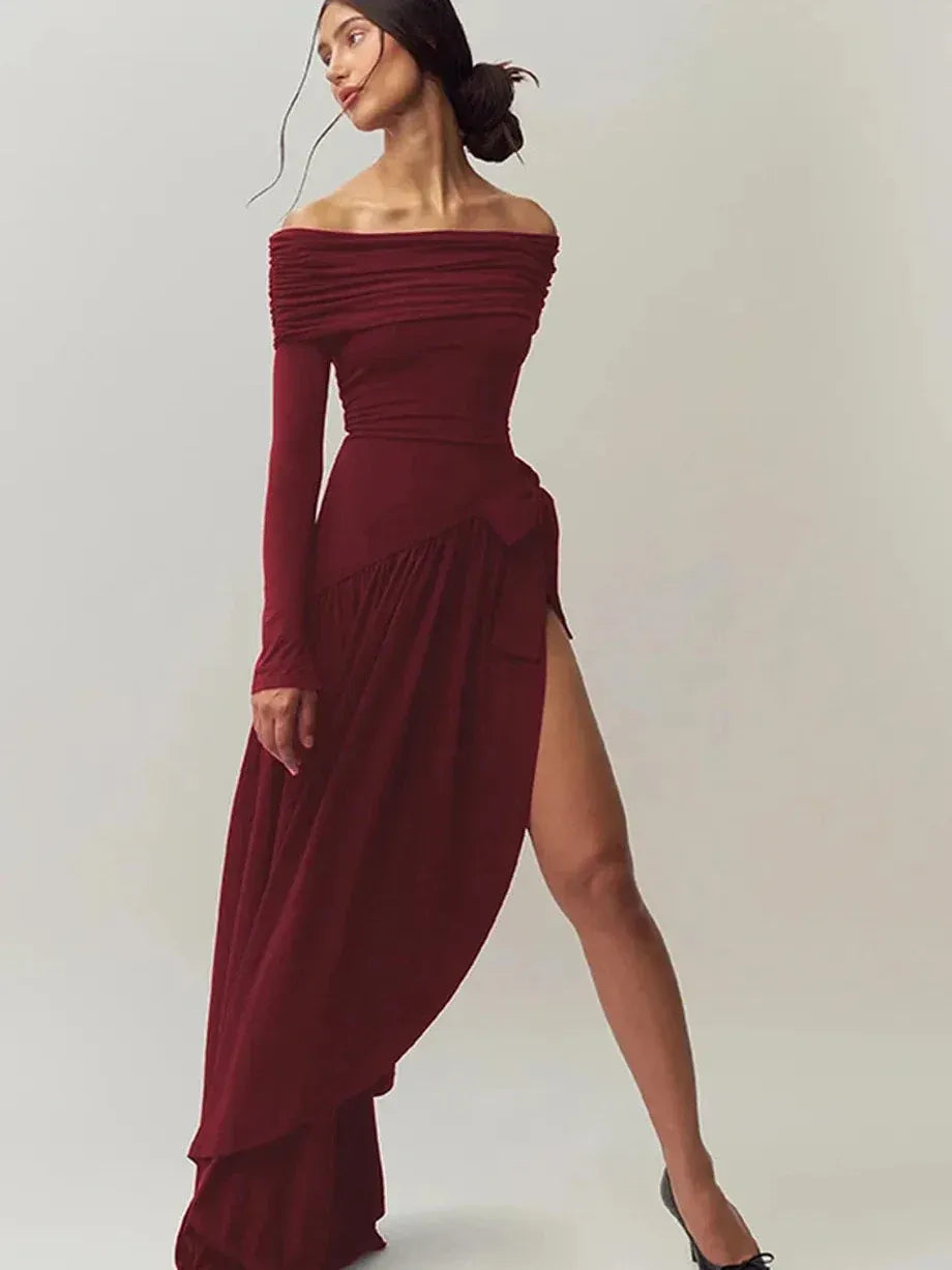 Off Shoulder Bow Applique Slit Dress