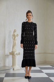 Long Sleeve Studded Crochet Knit Midi dress