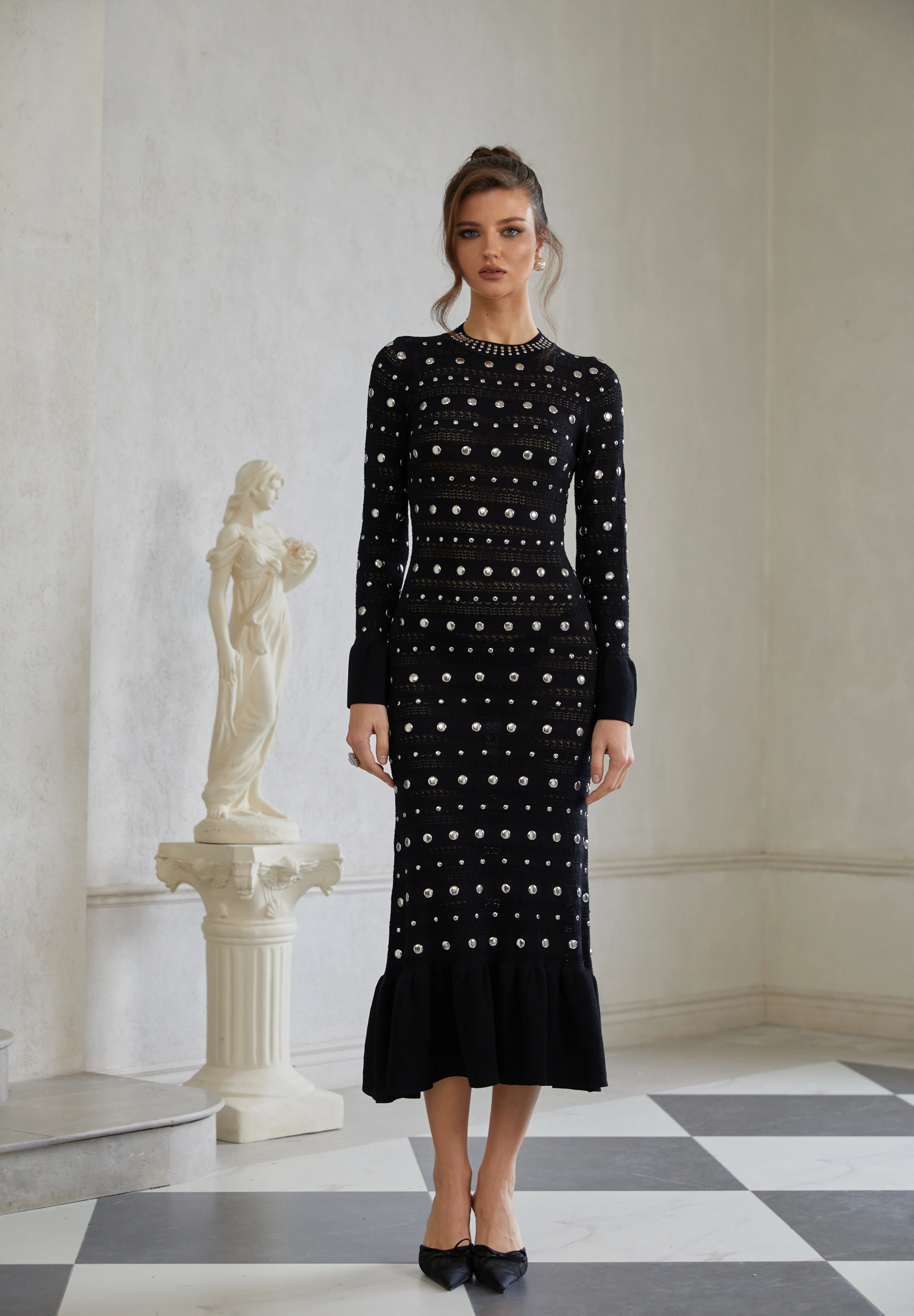 Long Sleeve Studded Crochet Knit Midi dress