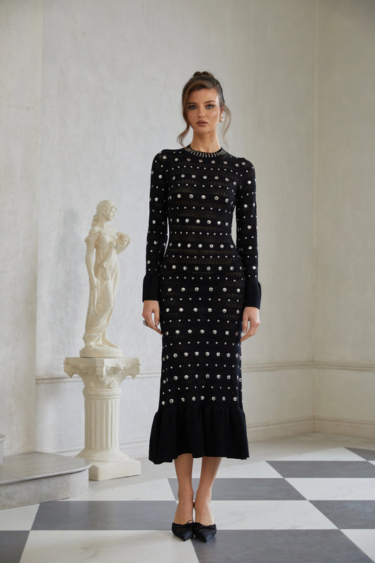 Long Sleeve Studded Crochet Knit Midi dress