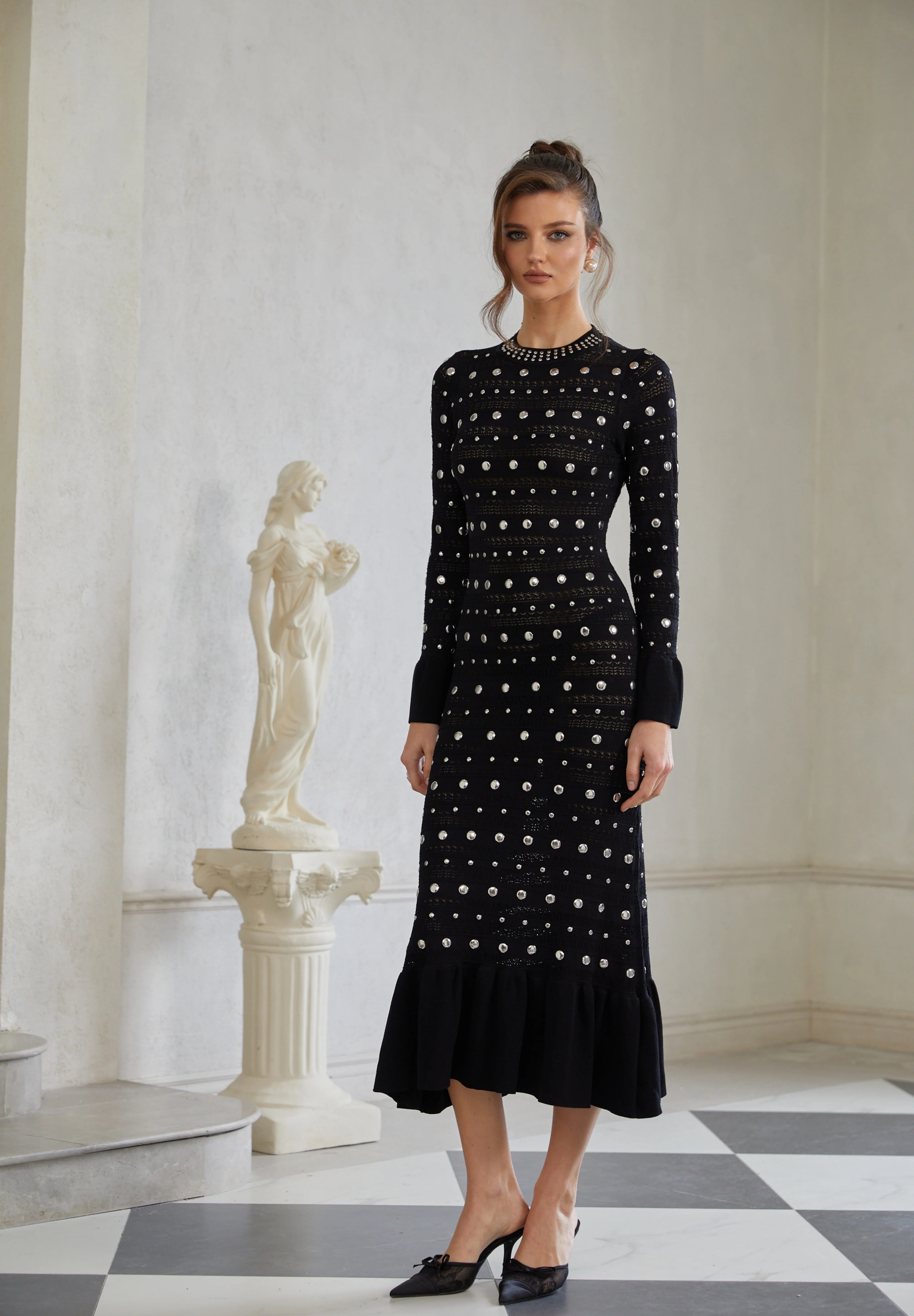 Long Sleeve Studded Crochet Knit Midi dress