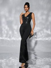 Black Sequin Cowl-Neck Wide-Leg Jumpsuit