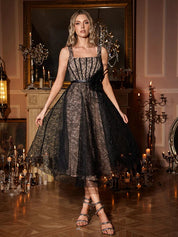 Black Lace Midi Dress with Nude Underlay