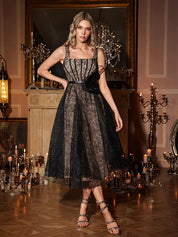 Black Lace Midi Dress with Nude Underlay