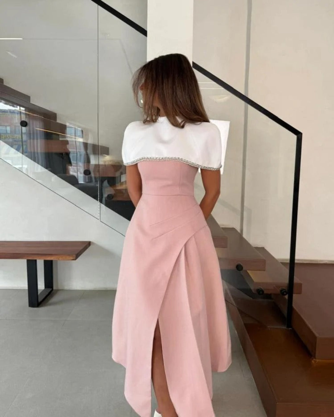 Two-Tone Embellished Capelet Midi Dress