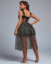 Black Satin Corset Dress with Glitter Tulle Overlay