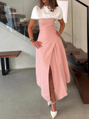 Two-Tone Embellished Capelet Midi Dress