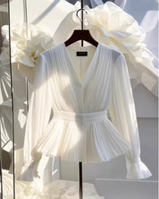 White Pleated Peplum V‑Neck Blouse