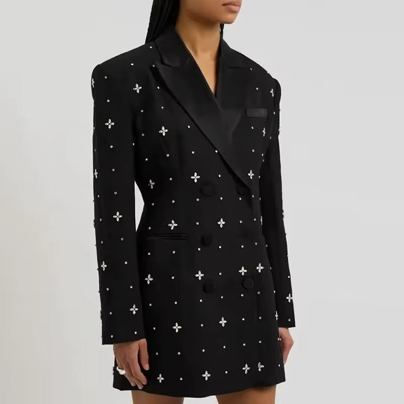 Crystal-Embellished Black Blazer Mini Dress