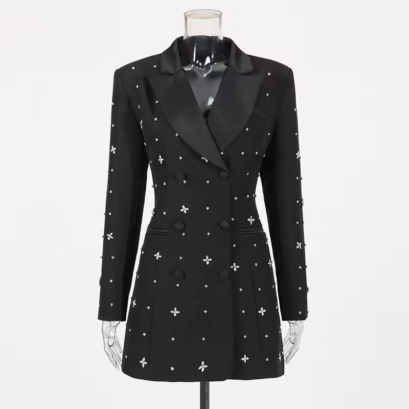 Crystal-Embellished Black Blazer Mini Dress