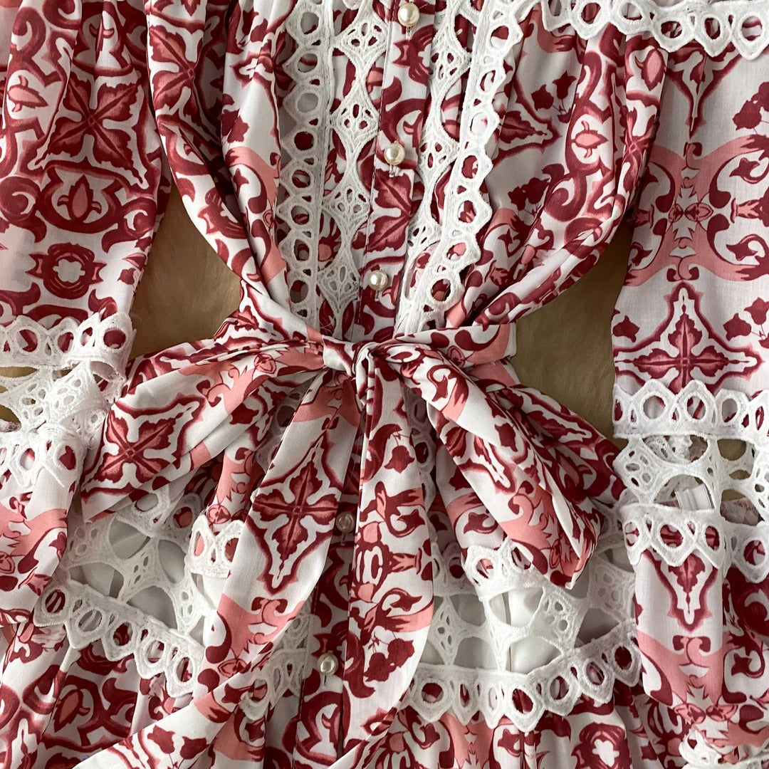 Burgundy Lace Tapestry Midi Dress