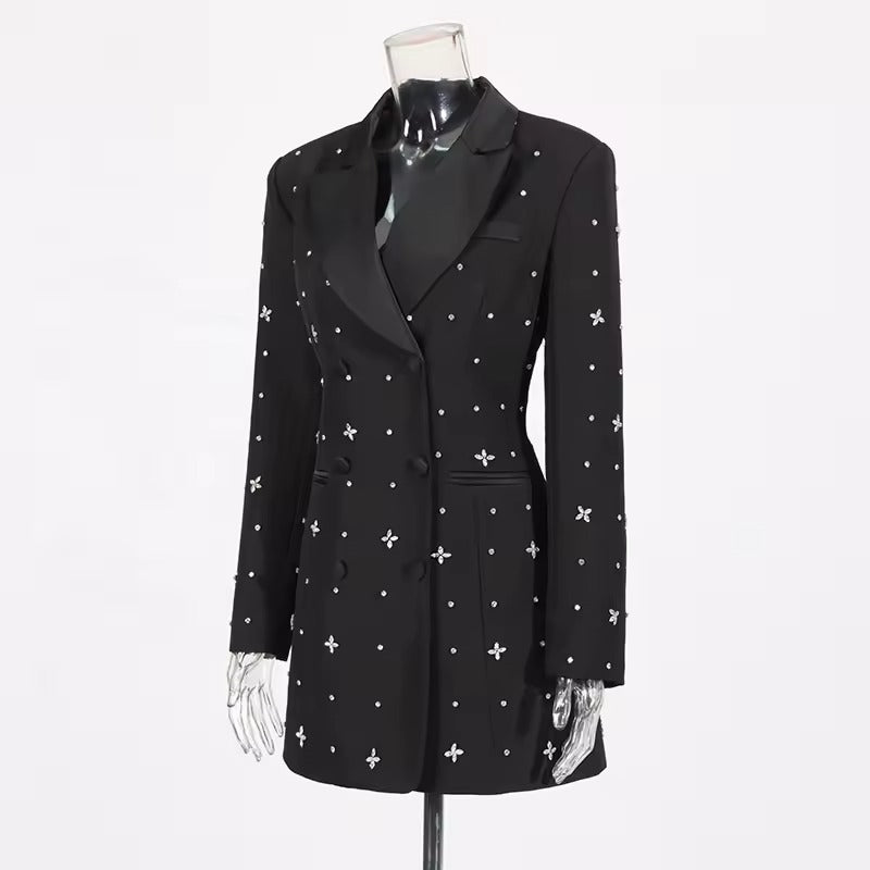 Crystal-Embellished Black Blazer Mini Dress