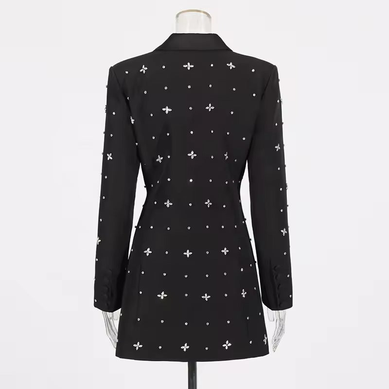 Crystal-Embellished Black Blazer Mini Dress