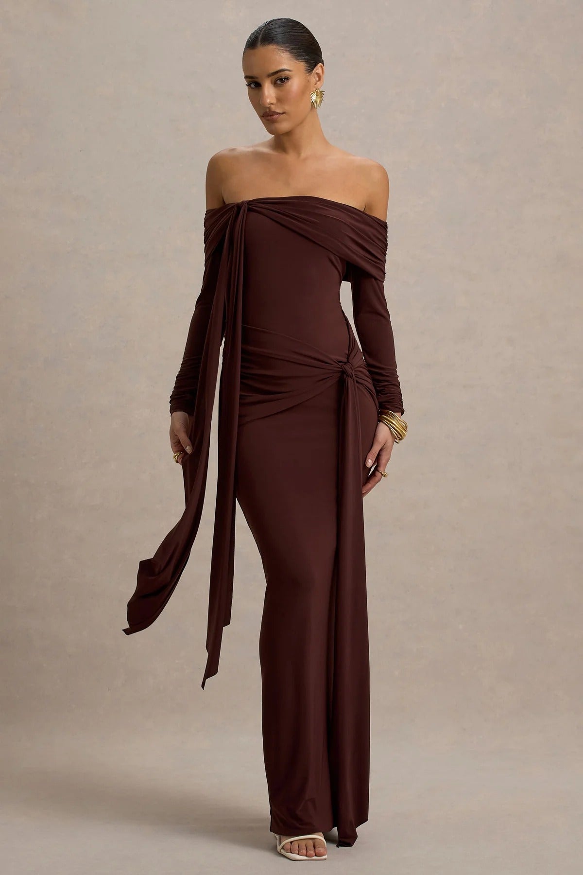 Brown Bardot Wrap Maxi Dress