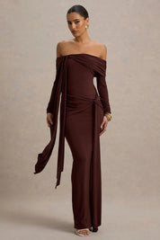 Brown Bardot Wrap Maxi Dress