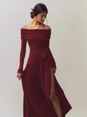 Off Shoulder Bow Applique Slit Dress