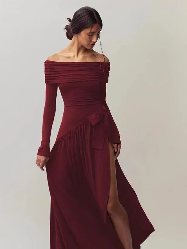 Off Shoulder Bow Applique Slit Dress