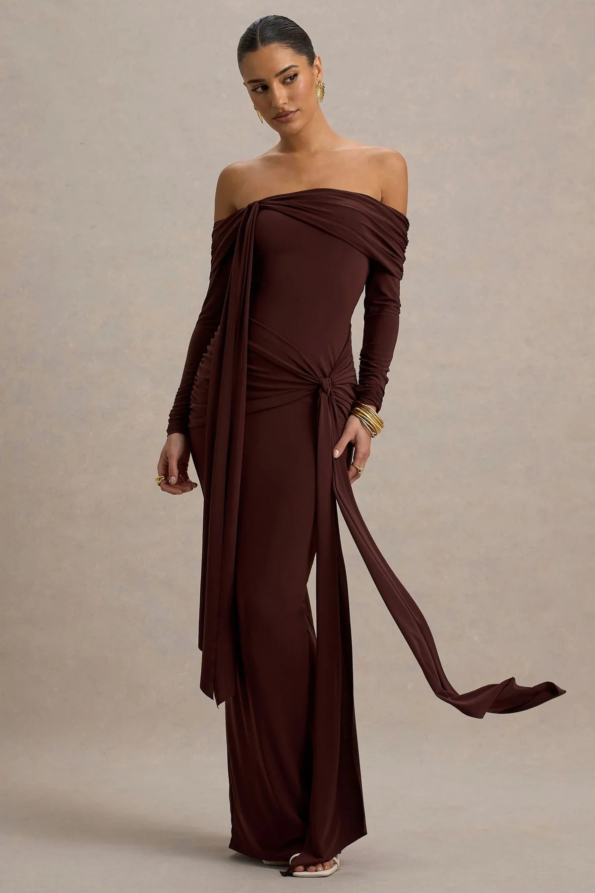 Brown Bardot Wrap Maxi Dress