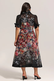 Black Floral Mesh Midi Dress