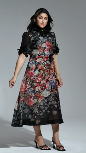 Black Floral Mesh Midi Dress