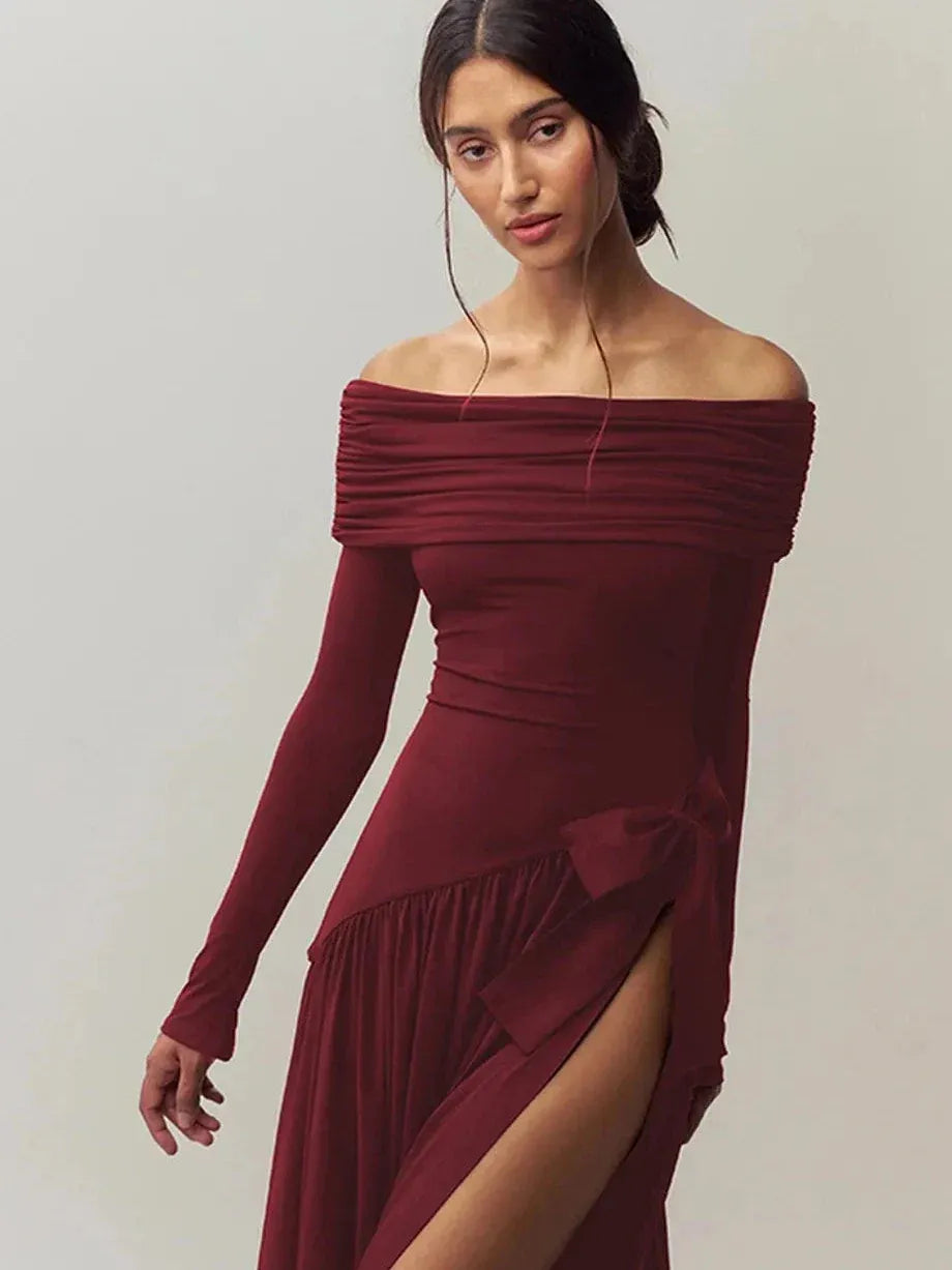 Off Shoulder Bow Applique Slit Dress