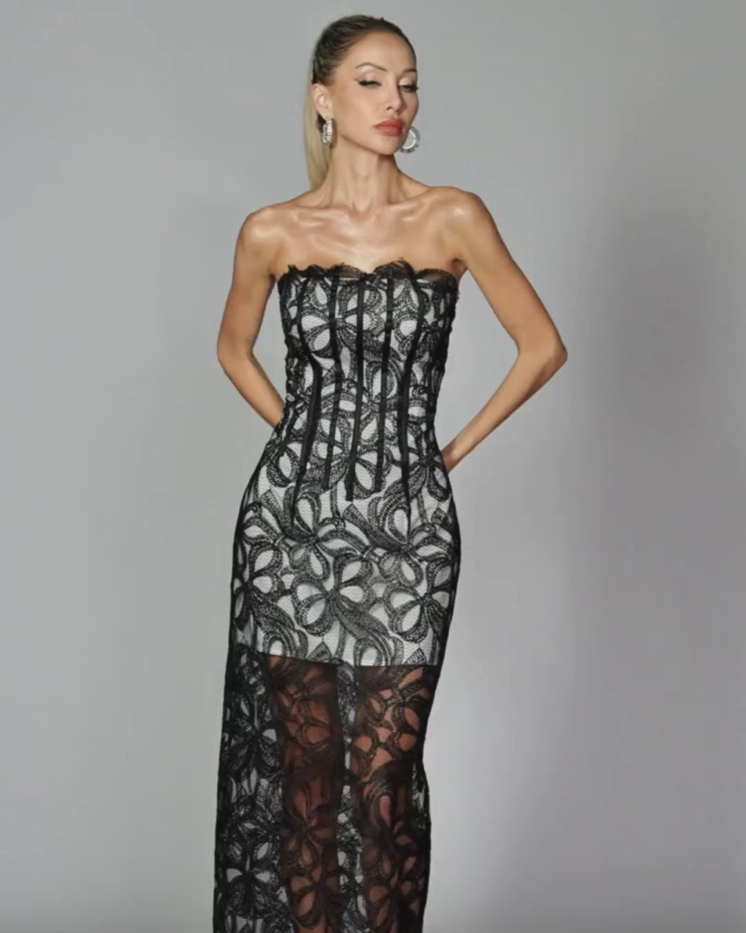 Lace Embroidered Strapless Long Dress