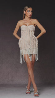 Pearl-Embellished Sculpted Mini Dress