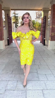 Vespera Jacquard Yellow Midi Label Dress